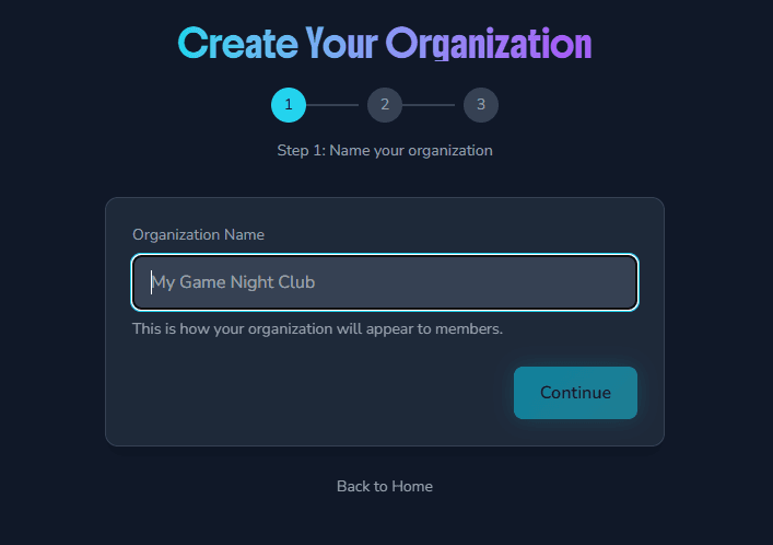Create Your Organization screen showing step 1 of setup with organization name input field