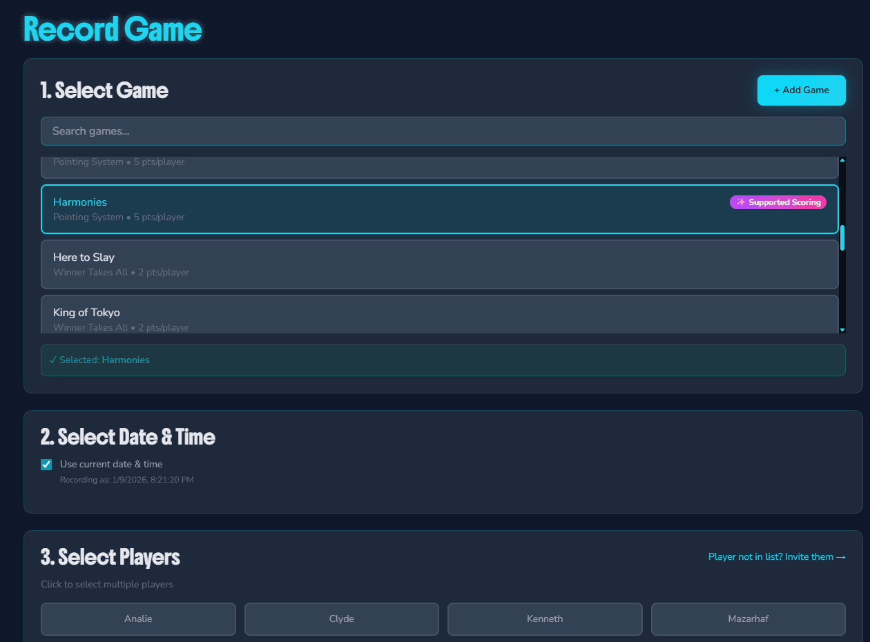 Record Game interface showing game selection, date picker, and player selection options