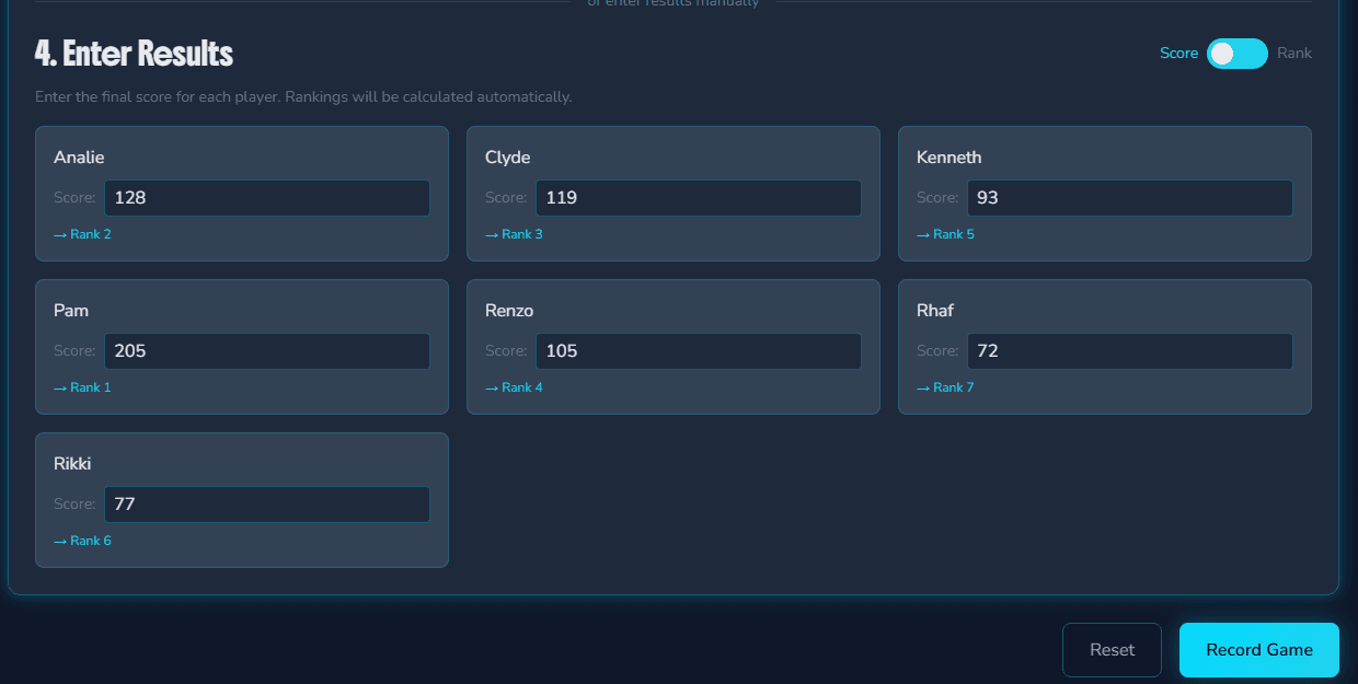 Enter Results page showing final scores and automatic rankings for all players