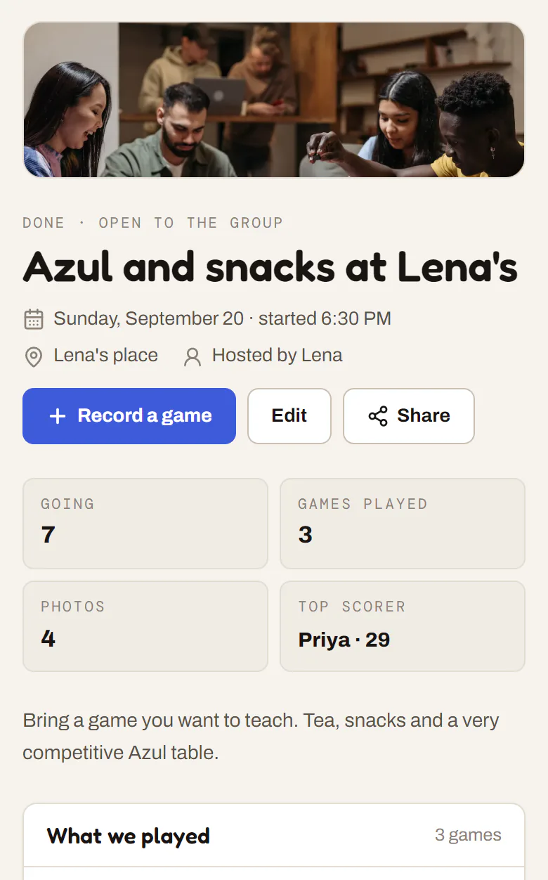 A finished game night on a phone: a photo from the night, who went, games played and the top scorer