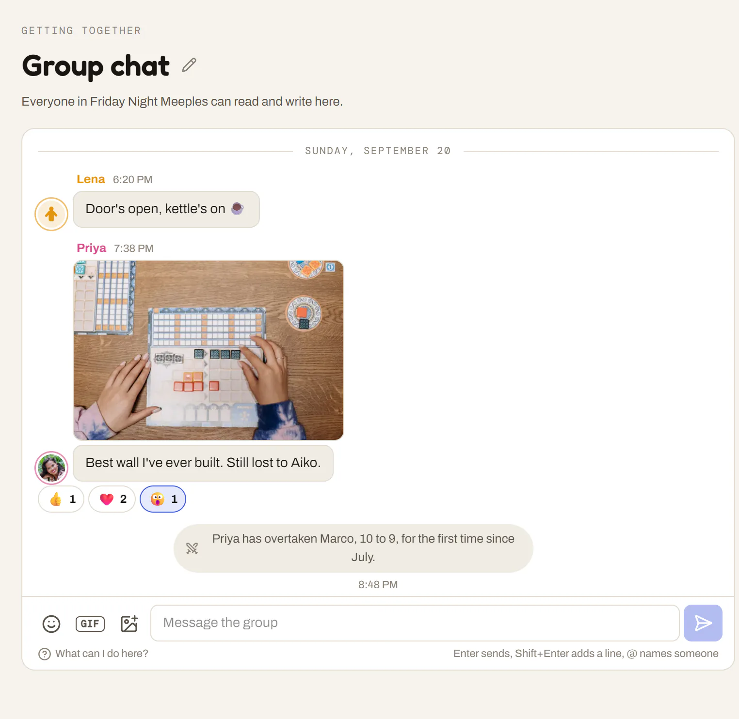 The group chat: a photo from game night with three reactions, then a note that Priya has overtaken Marco
