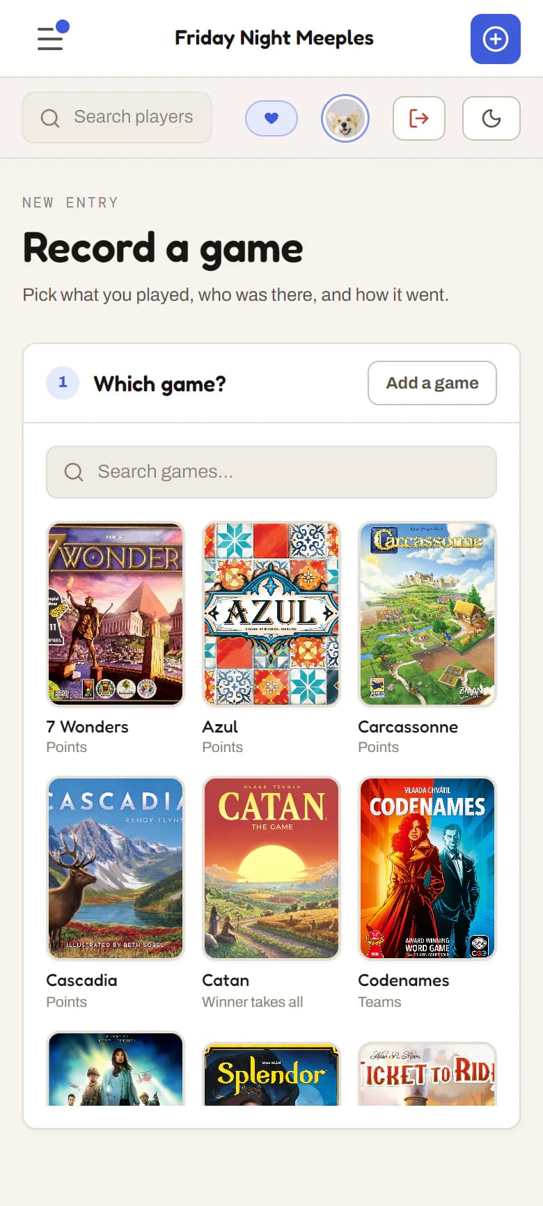 Recording a game on a phone: pick what you played from the group's shelf